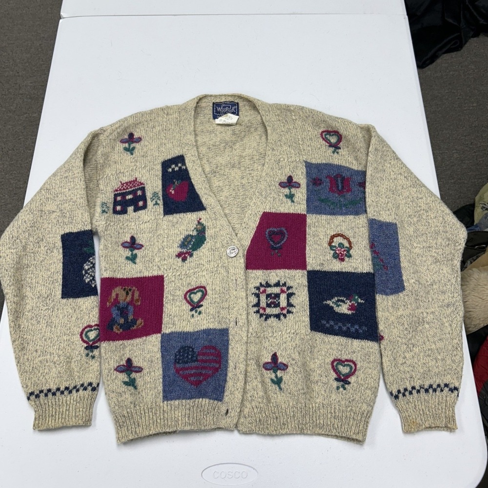 Woolrich Cardigan Sweater Womens S Oatmeal Patchwork Hearts Flowers Vintage